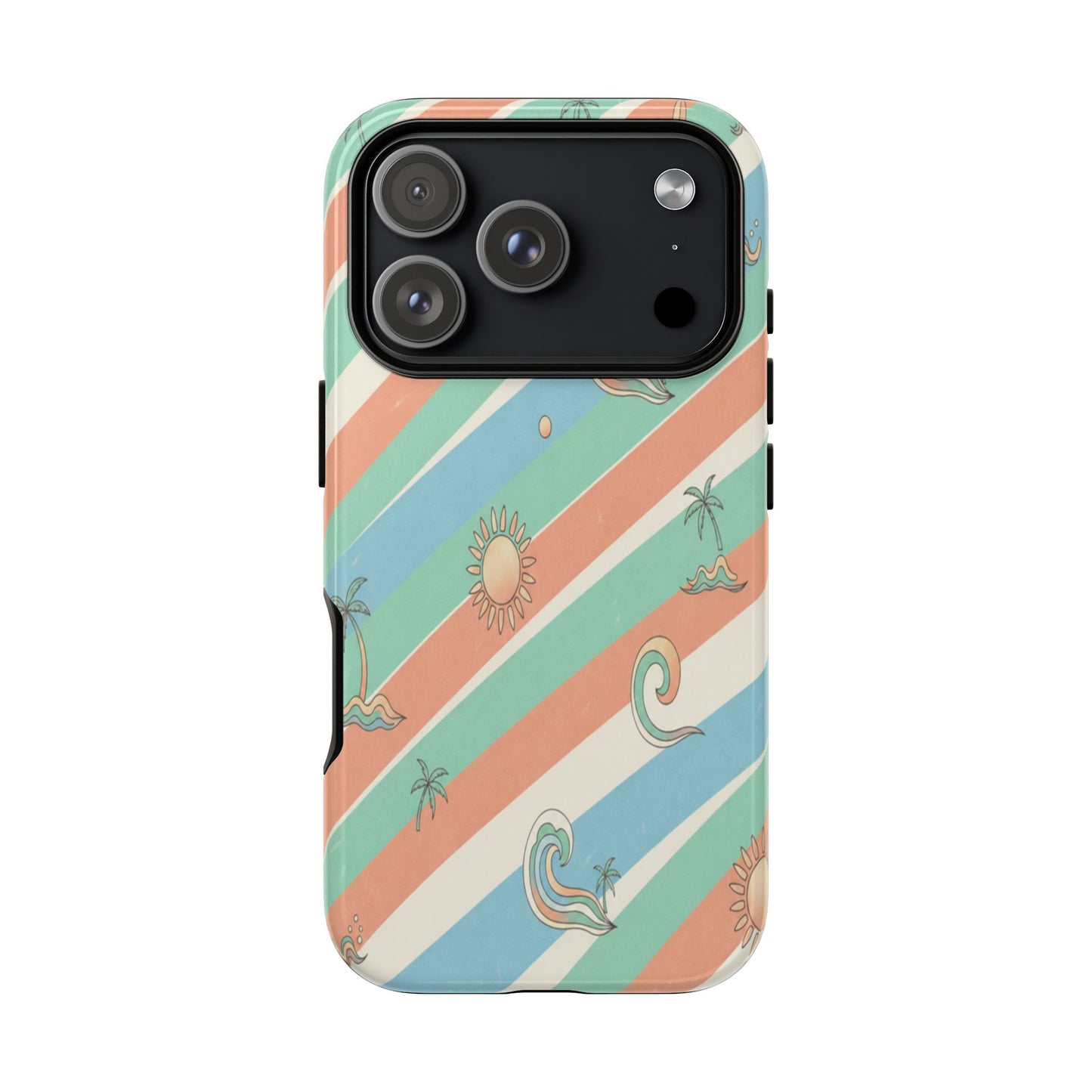 Retro Beach Stripes Phone Case — Sun, Waves & Palm Pattern Tough Case