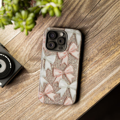 Glitter Bow Tough Phone Case — Pink & White Ribbon Protective Cover