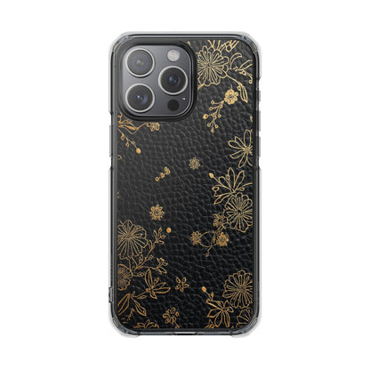 Clear Impact Phone Case — Black Leather Texture with Gold Floral Foil