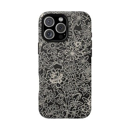 Floral Doodle Tough Phone Case — Black & White Sketch Flower Protective Cover