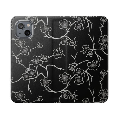 Black Cherry Blossom Flip Phone Case – Floral Wallet Flip Case with Card Slots