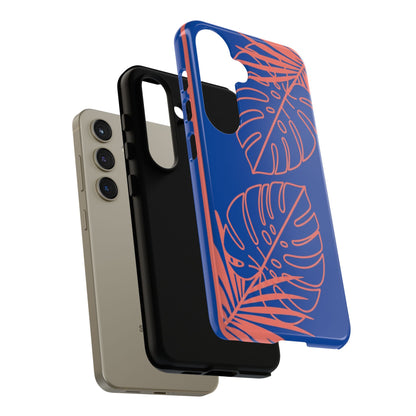 Tropical Monstera Phone Case — Blue & Coral Leaf Protective Cover