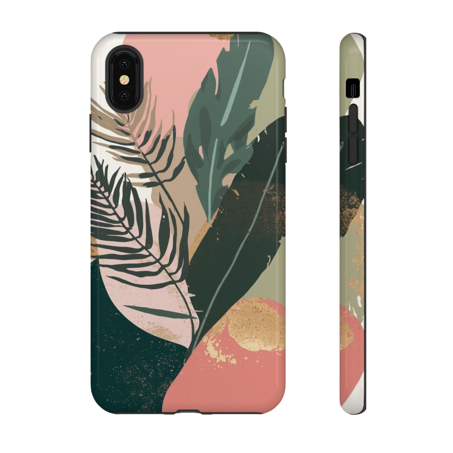 Tropical Leaf Tough Phone Case — Abstract Pink & Green Botanical Protective Cover