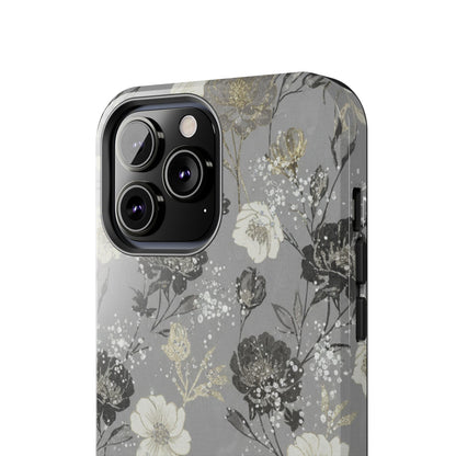 Floral Gray Tough Phone Case — Elegant Protective Phone Cover with Gold Accent