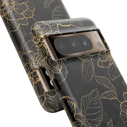 Floral Gold Outline Tough Phone Case – Black Botanical Protective Cover