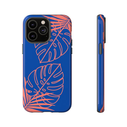 Tropical Monstera Phone Case — Blue & Coral Leaf Protective Cover