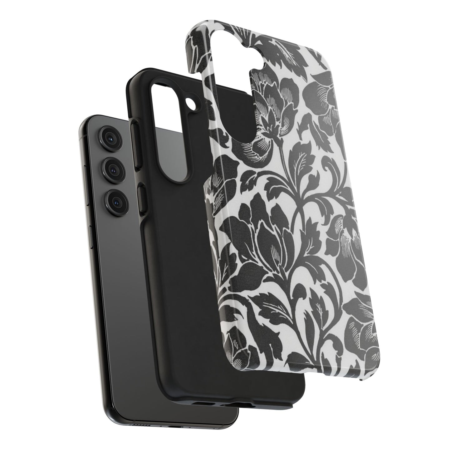 Tough Phone Case — Black & White Vintage Floral Protective Cover