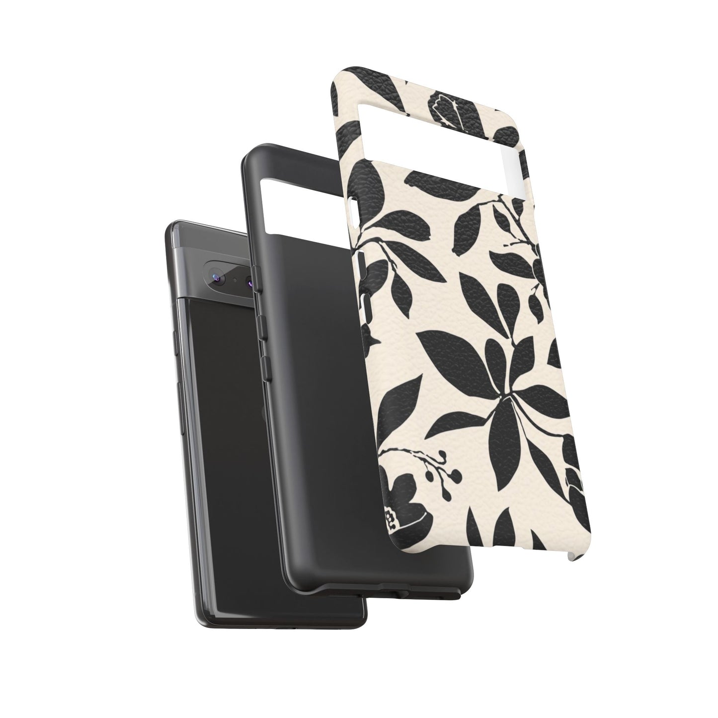 Black Floral Pattern Phone Case — Monochrome Botanical Tough Case