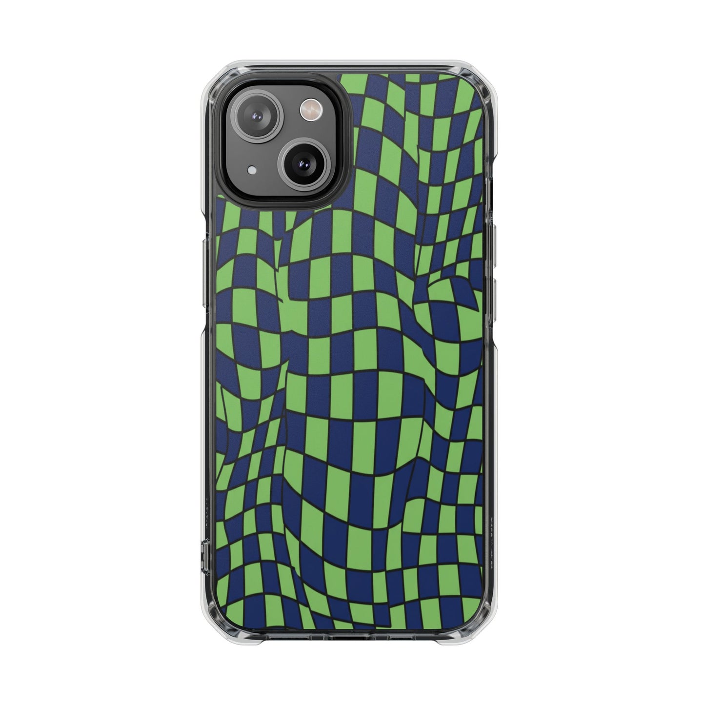 Clear Magnetic Phone Case — Green Distorted Checkerboard Design