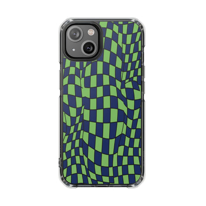 Clear Magnetic Phone Case — Green Distorted Checkerboard Design
