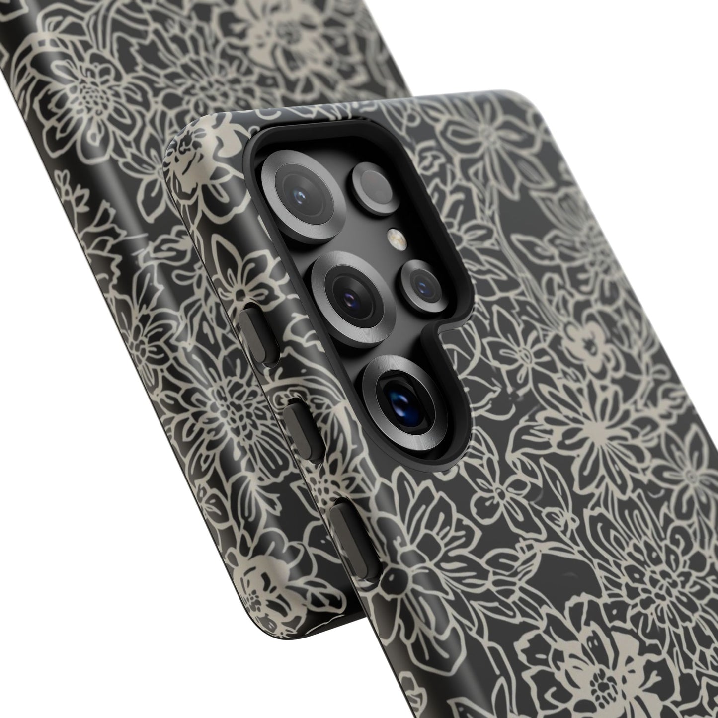 Floral Doodle Tough Phone Case — Black & White Sketch Flower Protective Cover
