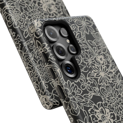Floral Doodle Tough Phone Case — Black & White Sketch Flower Protective Cover