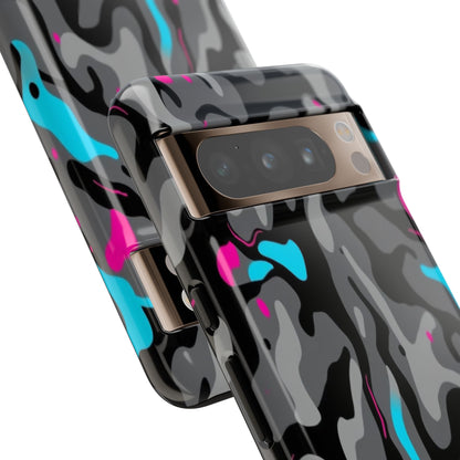 Camouflage Phone Case — Gray Camo with Neon Pink & Cyan Accent Tough Protective Cover