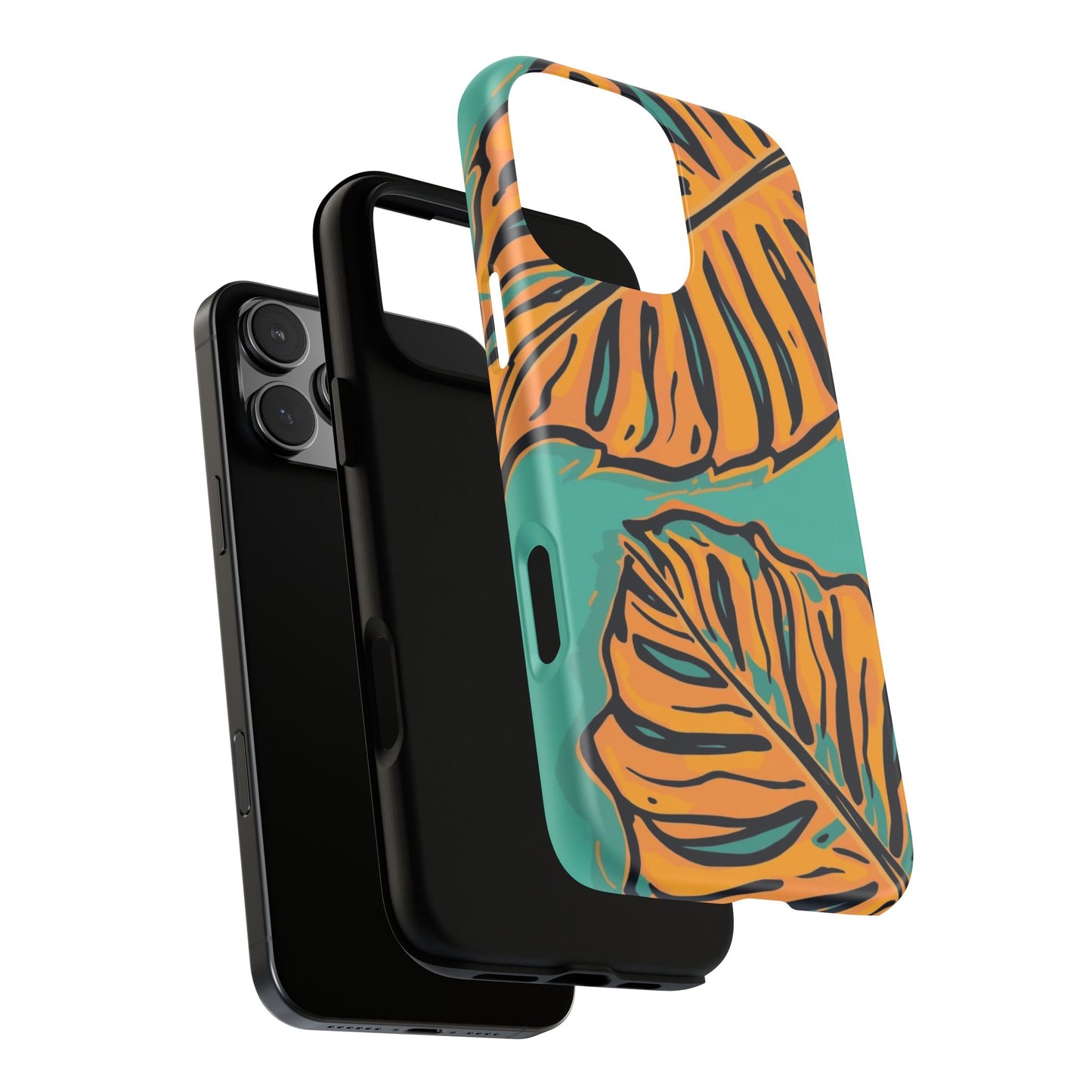 Tropical Leaf Tough Phone Case — Orange Monstera Design on Teal