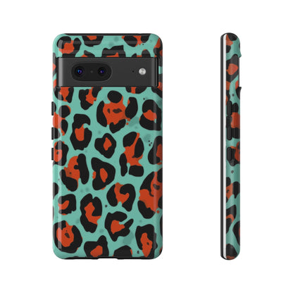 Leopard Print Tough Phone Case — Teal & Rust Protective iPhone Cover