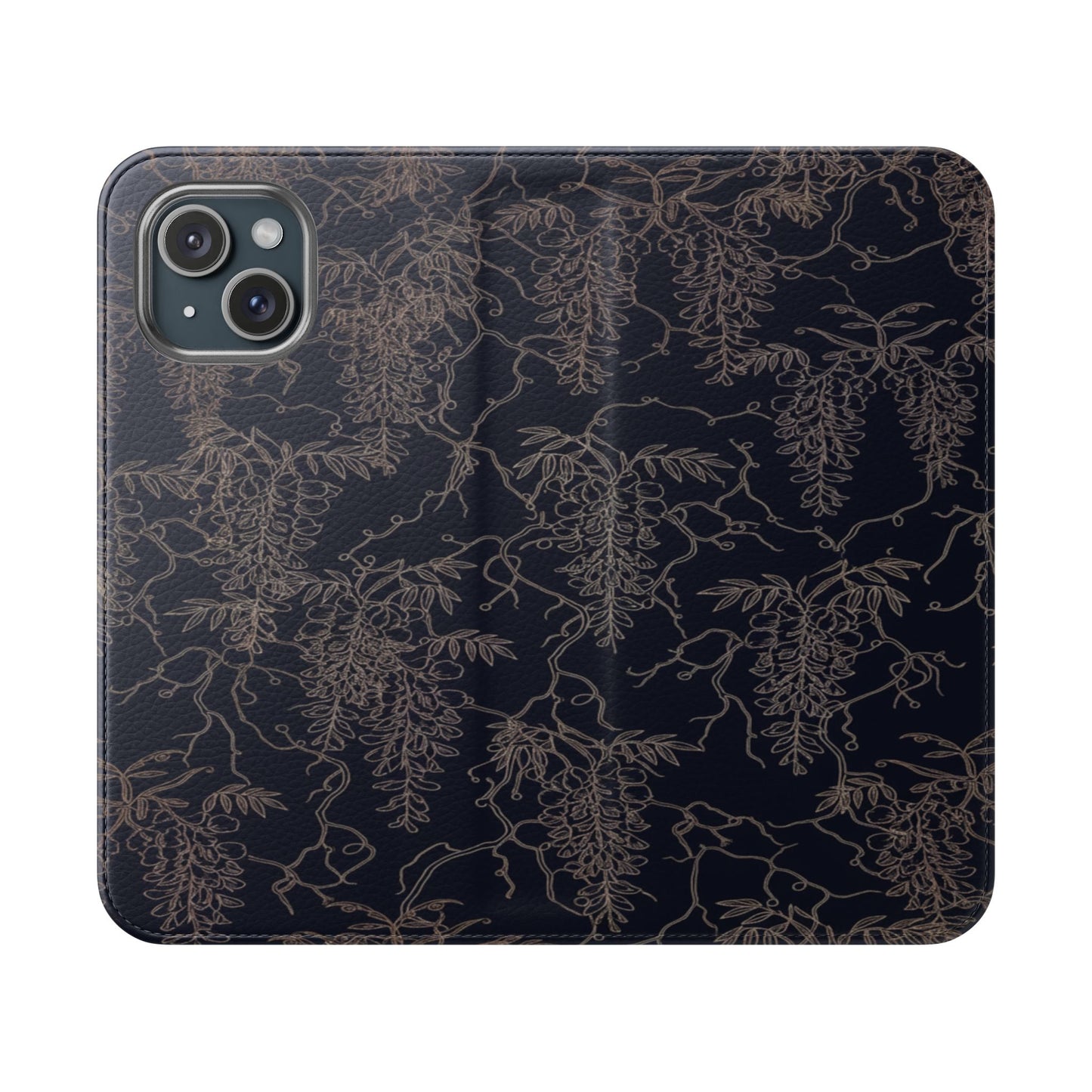 Botanical Noir Flip Phone Case — Dark Floral Wallet Cover with Card Slots