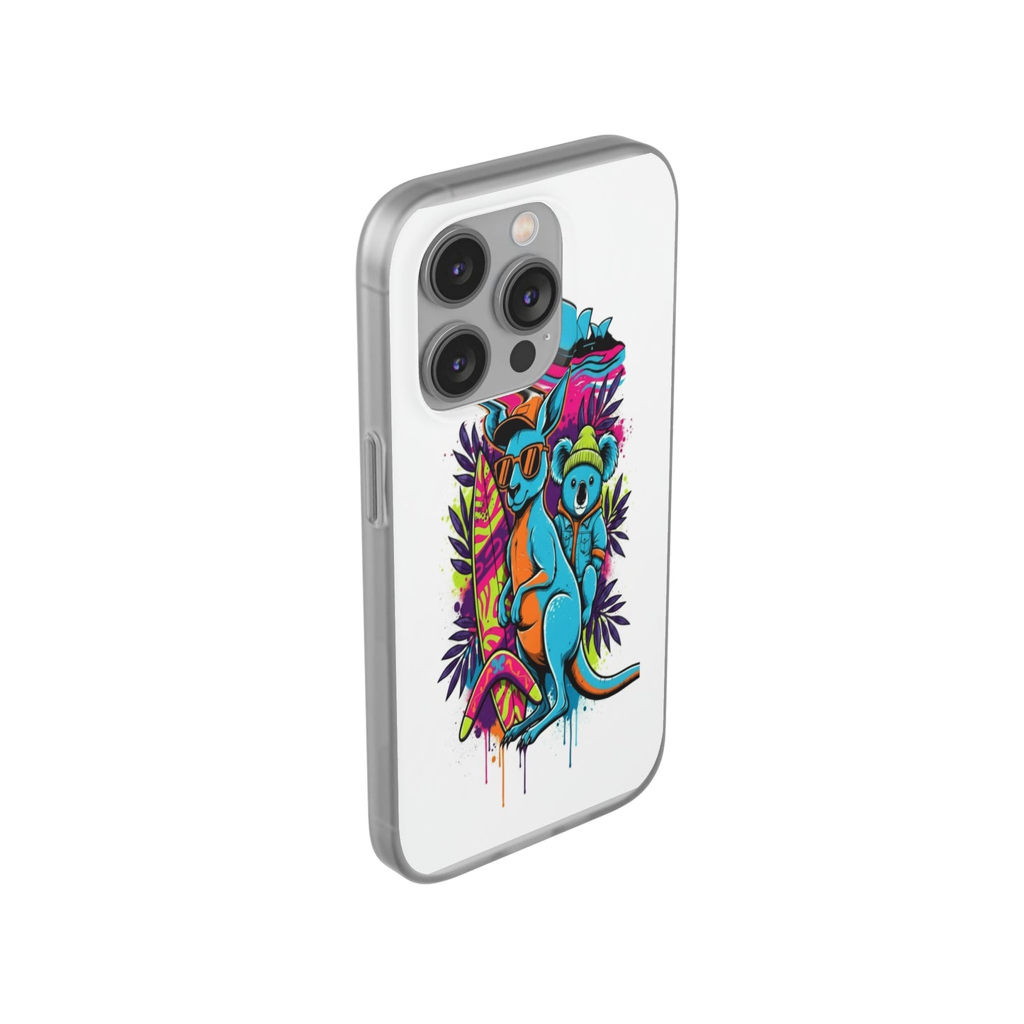 Kangaroo & Koala Surf Phone Case — Neon Aussie Beach Vibes Flexible Case