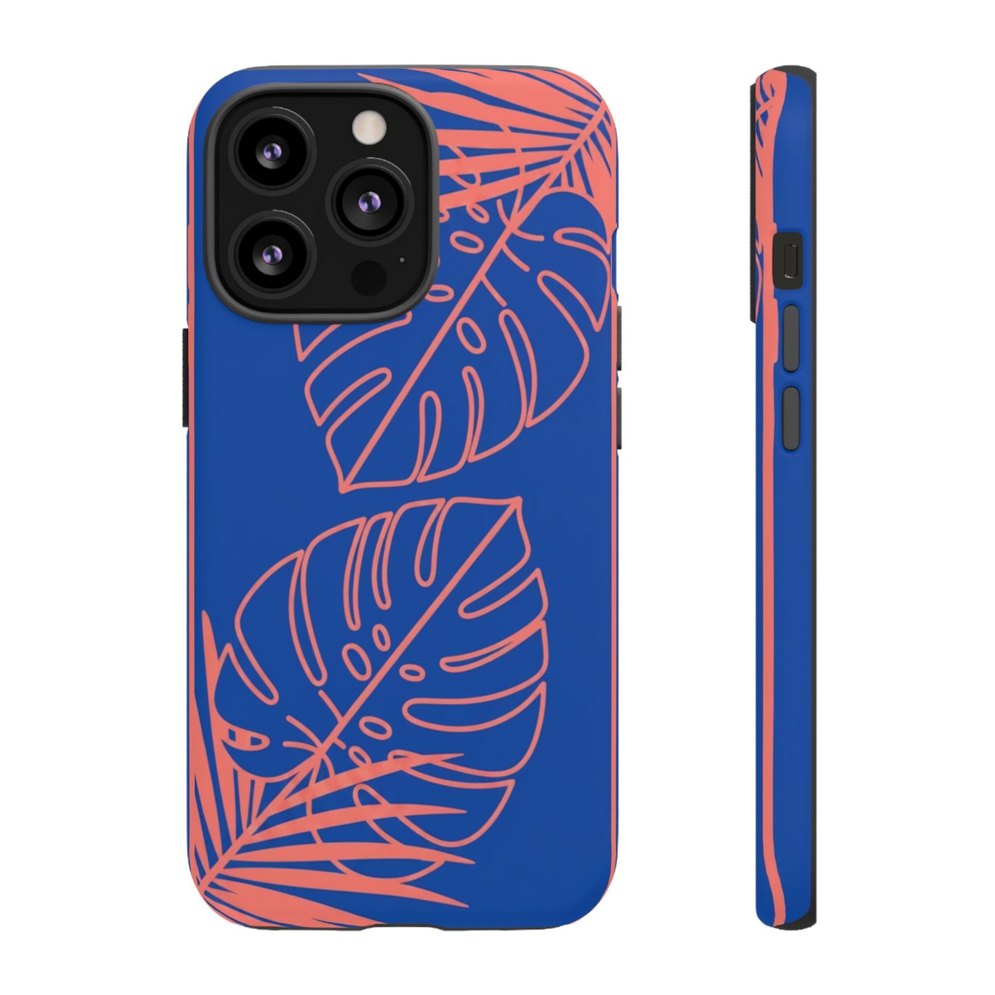 Tropical Monstera Phone Case — Blue & Coral Leaf Protective Cover