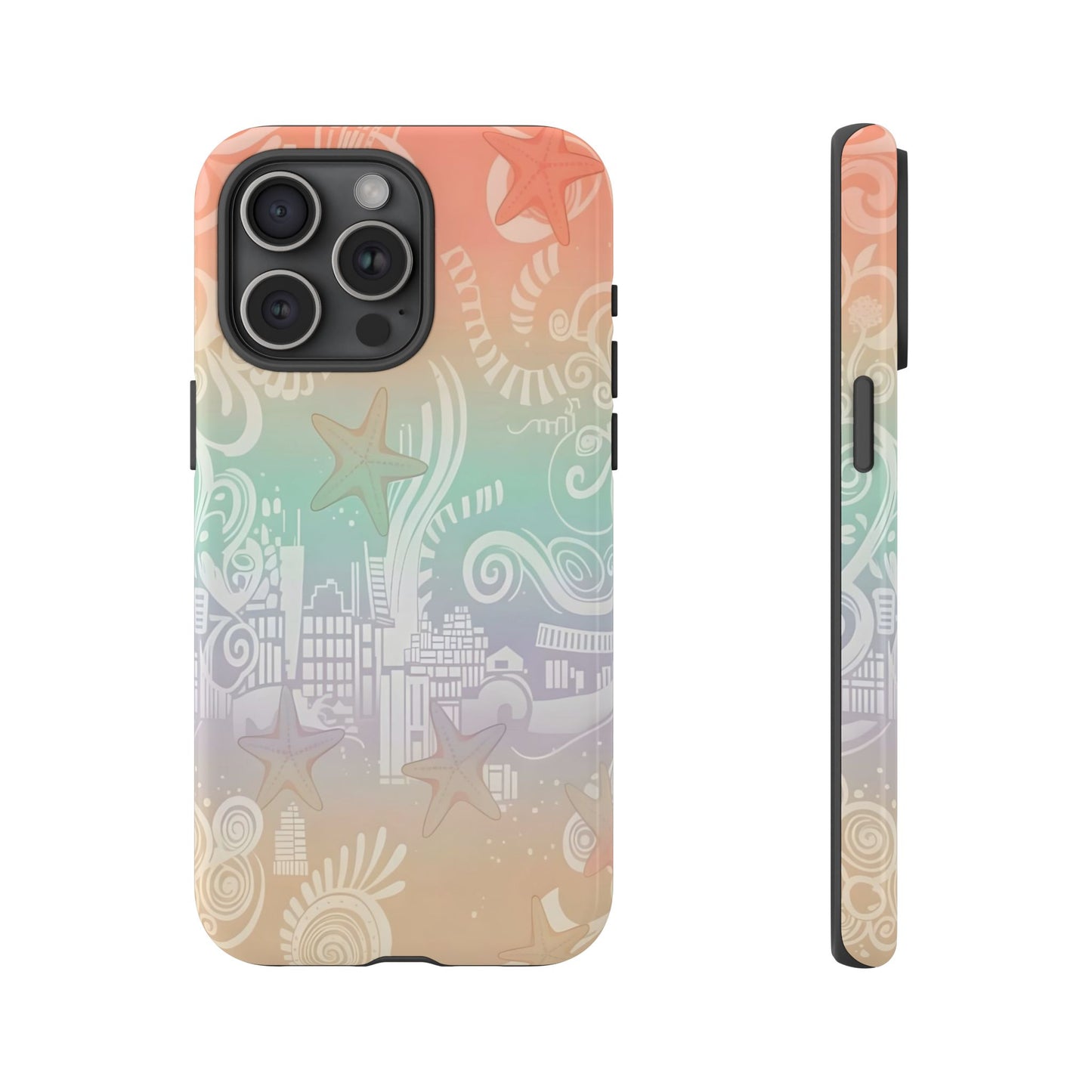 Tough Cases: Pastel Beach Pattern Phone Case — Starfish & Coastal Cityscape Protective Cover