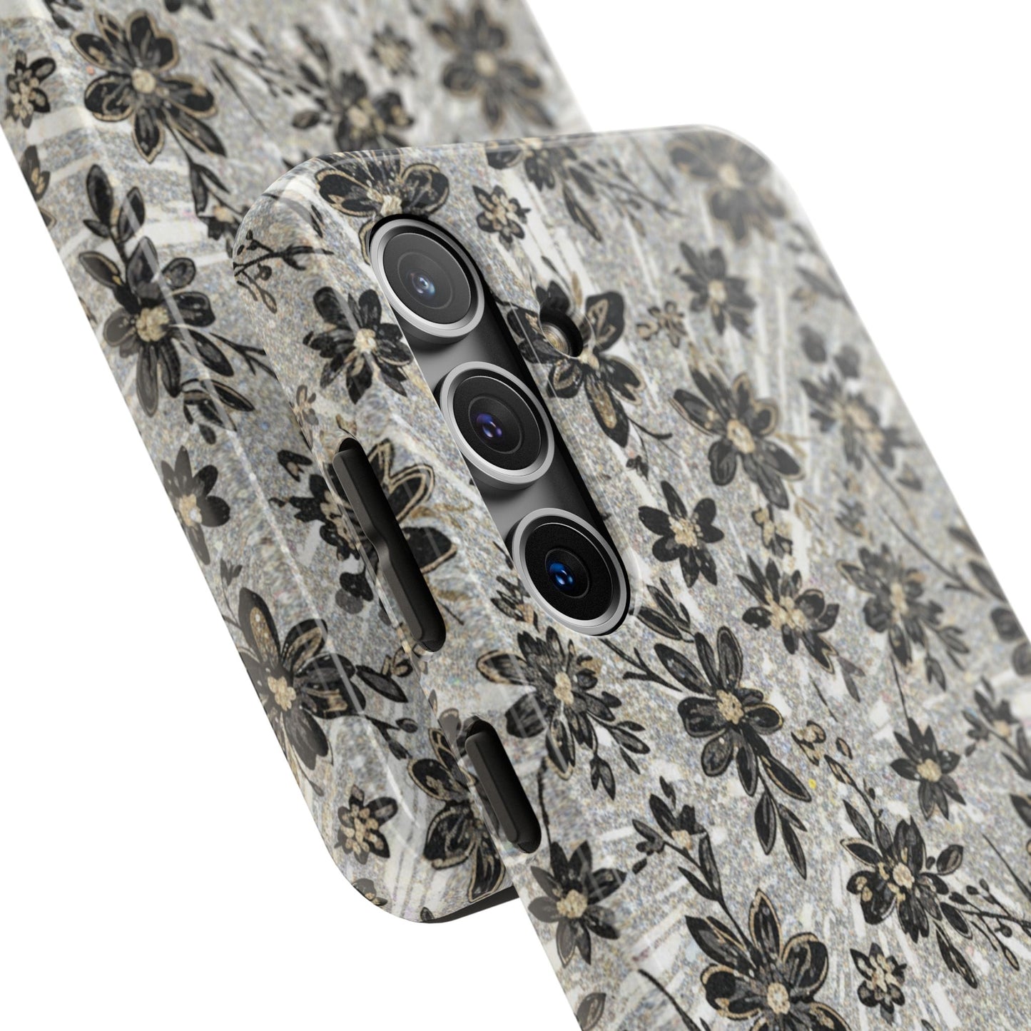 Floral Vintage Tough Phone Case — Black & Gray Rustic Flower Protective Case