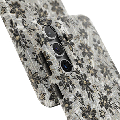 Floral Vintage Tough Phone Case — Black & Gray Rustic Flower Protective Case