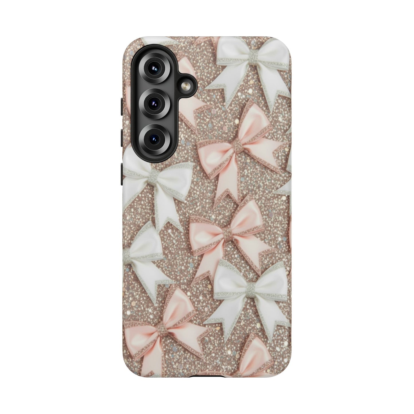Glitter Bow Tough Phone Case — Pink & White Ribbon Protective Cover