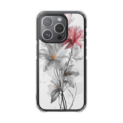 Clear Magnetic Phone Case — Watercolor Pink & Gray Floral Impact Protection