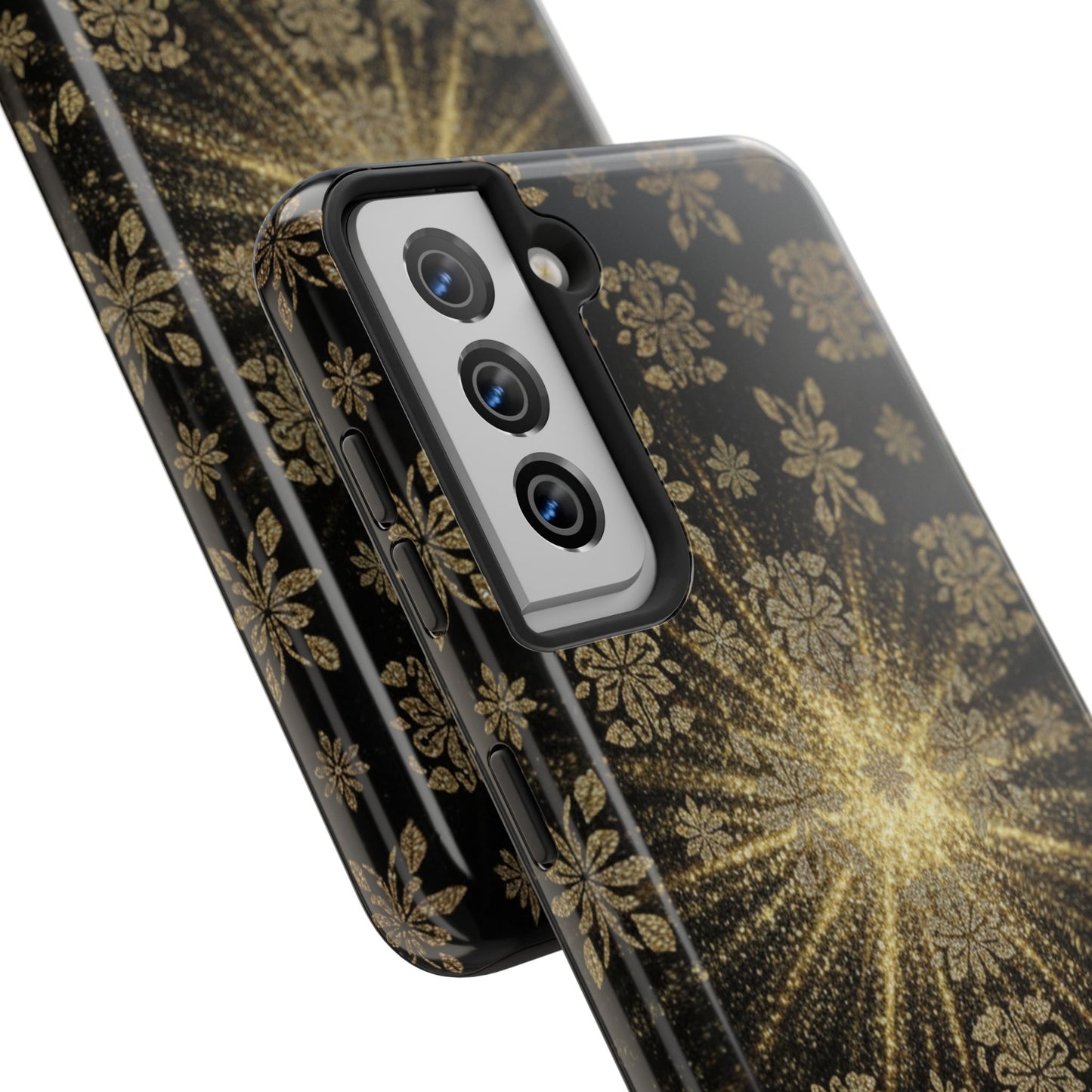 Glitter Burst Tough Phone Case — Black & Gold Floral Protective Cover
