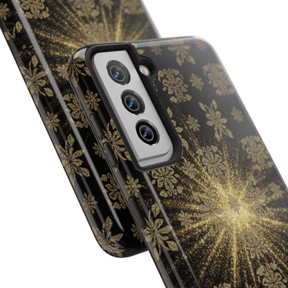 Glitter Burst Tough Phone Case — Black & Gold Floral Protective Cover