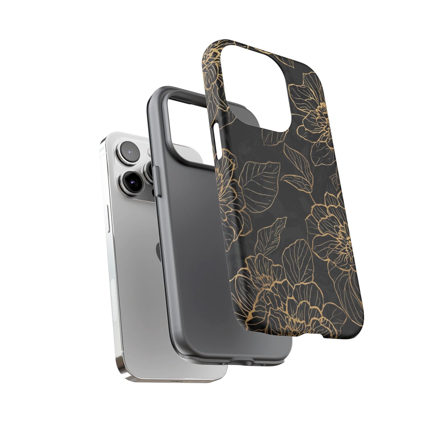 Floral Gold Outline Tough Phone Case – Black Botanical Protective Cover