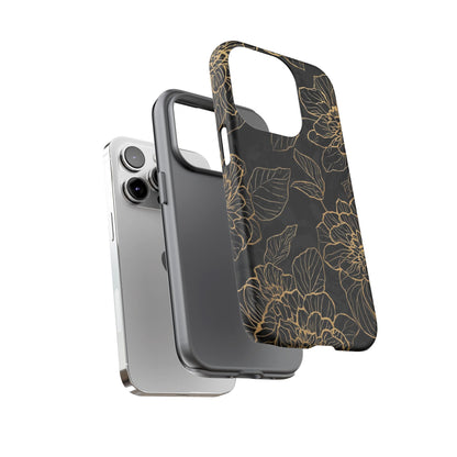 Floral Gold Outline Tough Phone Case – Black Botanical Protective Cover