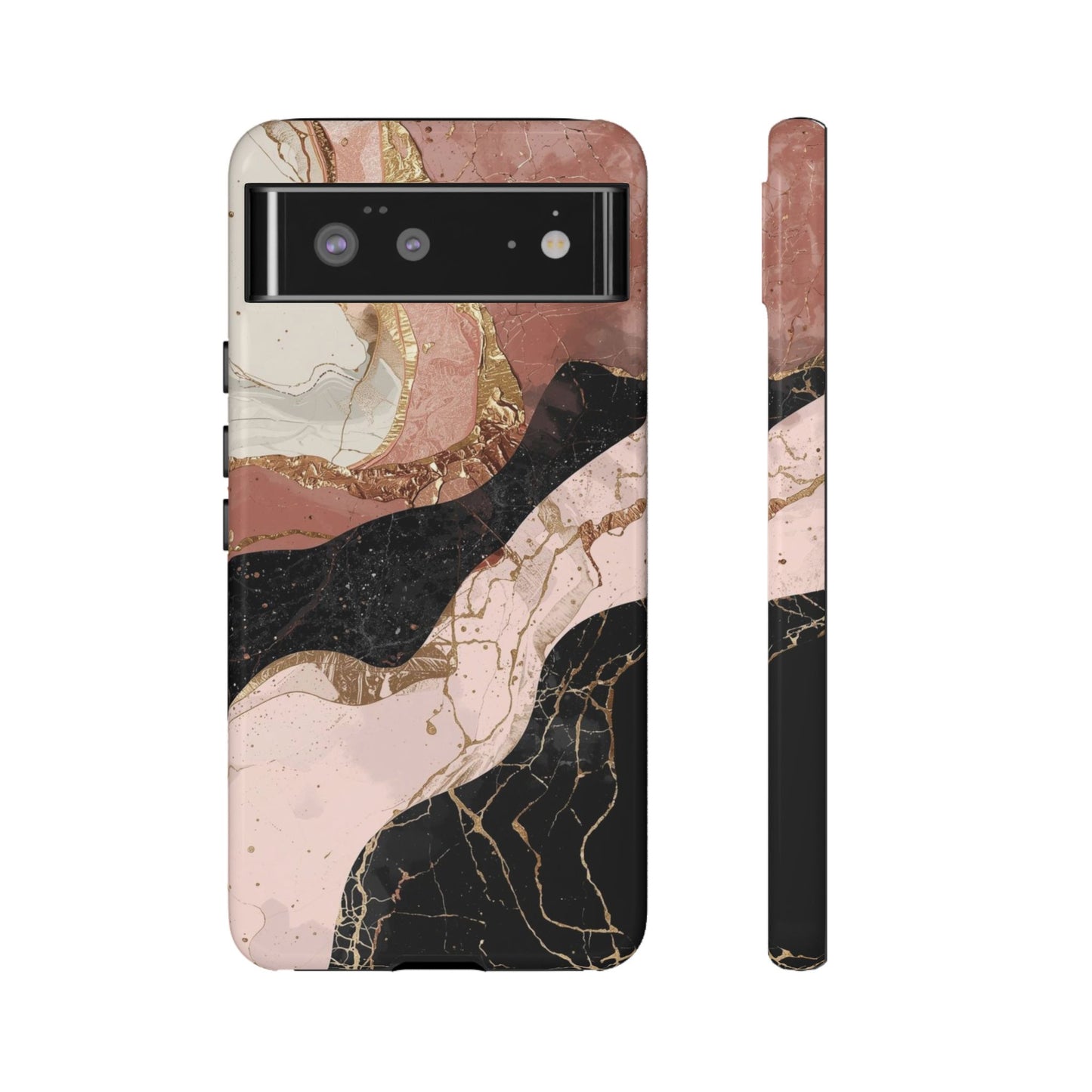 Marbled Rose Gold Phone Case — Abstract Pink & Black Protective Tough Case