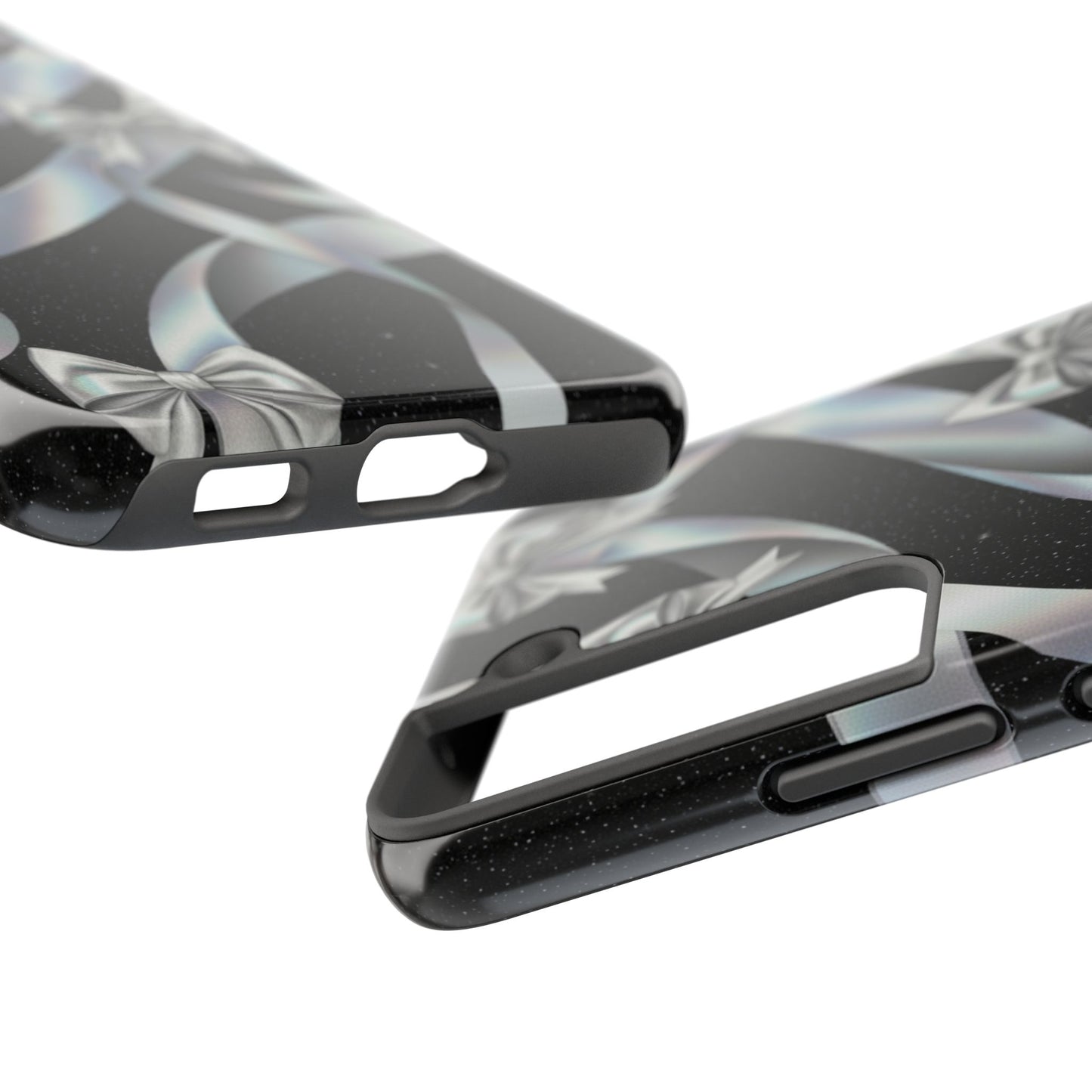 Silver Ribbon Bow Tough Phone Case — Glitter Black Protective Phone Case