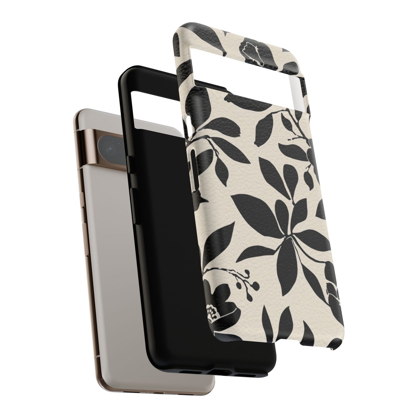 Black Floral Pattern Phone Case — Monochrome Botanical Tough Case