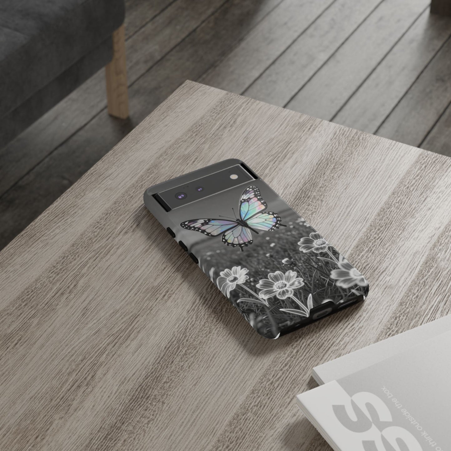 Butterfly Field Tough Phone Case — Pastel Holographic Butterfly on Black & White Floral Background