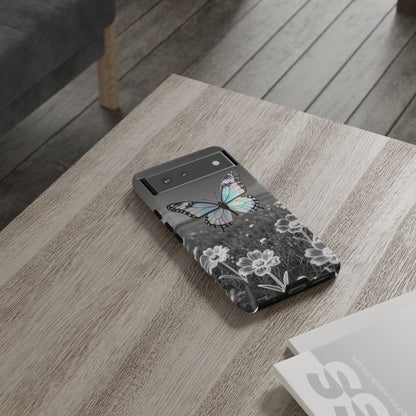 Butterfly Field Tough Phone Case — Pastel Holographic Butterfly on Black & White Floral Background