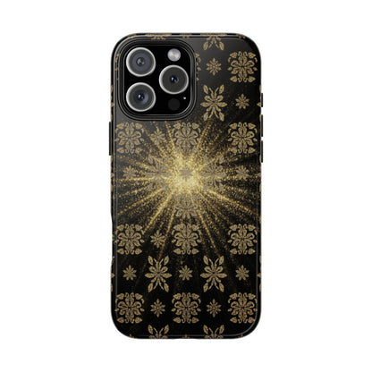 Glitter Burst Tough Phone Case — Black & Gold Floral Protective Cover