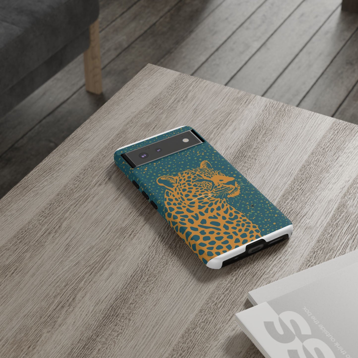 Leopard Spotlight Phone Case — Teal Gold Animal Print Protective Cover
