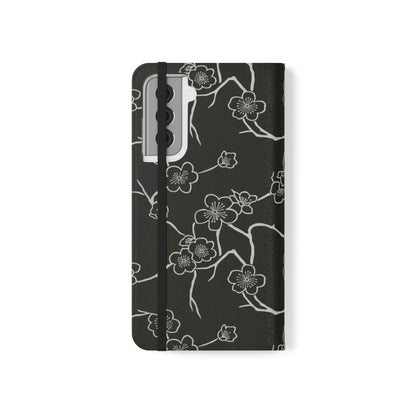 Black Cherry Blossom Flip Phone Case – Floral Wallet Flip Case with Card Slots