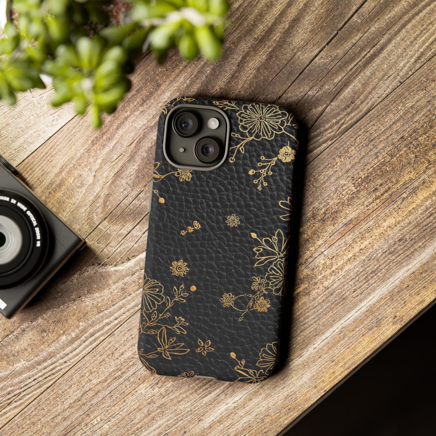 Floral Gold Foil Leather Texture Tough Phone Case
