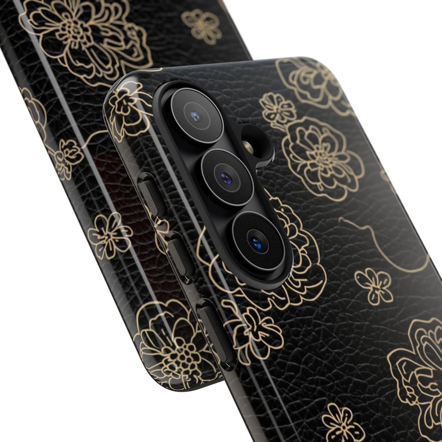Floral Leather-Texture Tough Case – Black Gold Outline Phone Cover