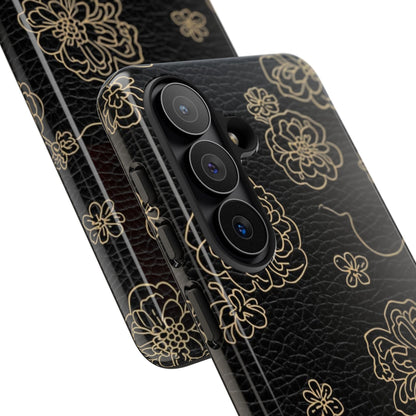 Floral Leather-Texture Tough Case – Black Gold Outline Phone Cover
