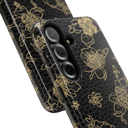 Floral Leather Phone Case — Gold Outline Flowers on Black Tough Case