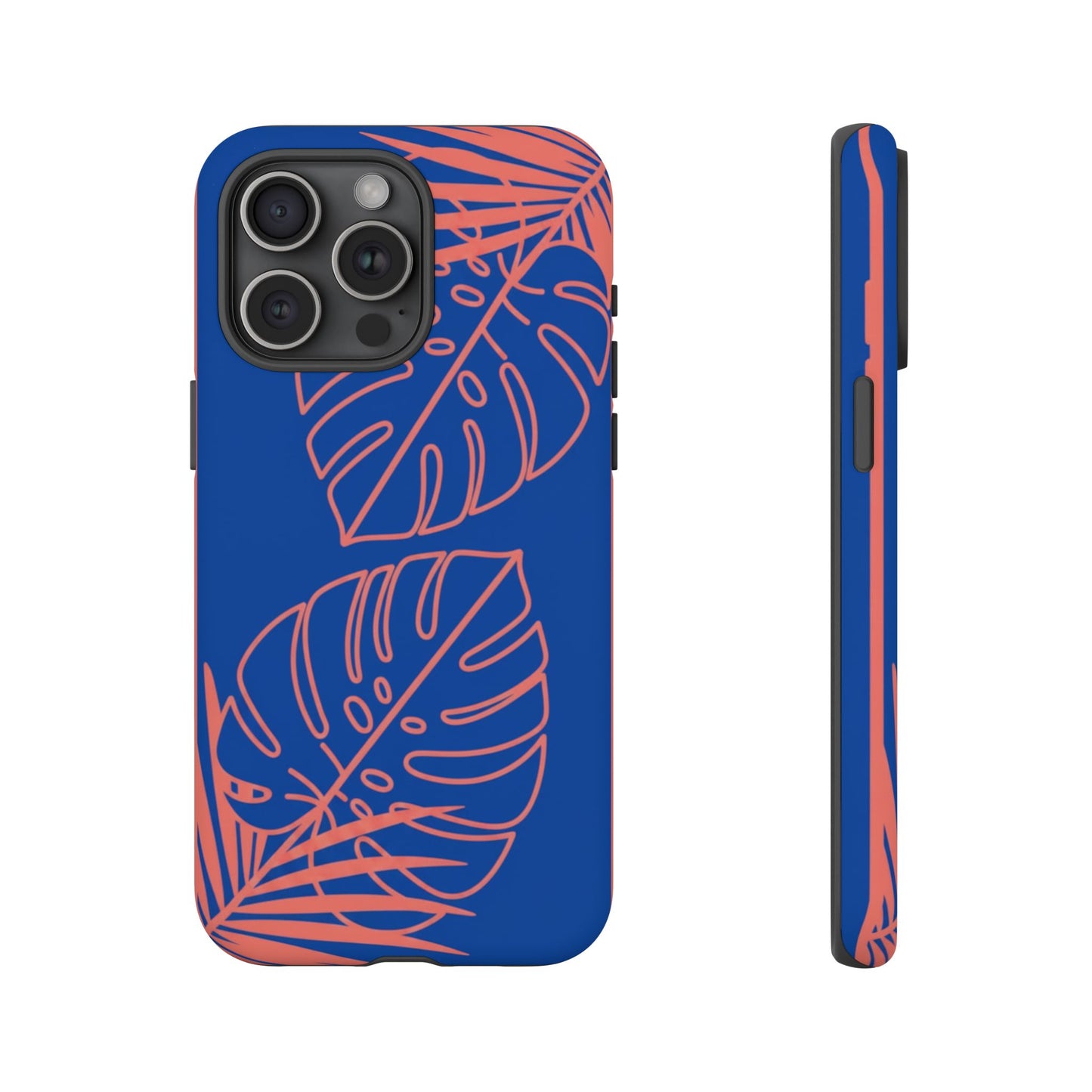 Tropical Monstera Phone Case — Blue & Coral Leaf Protective Cover
