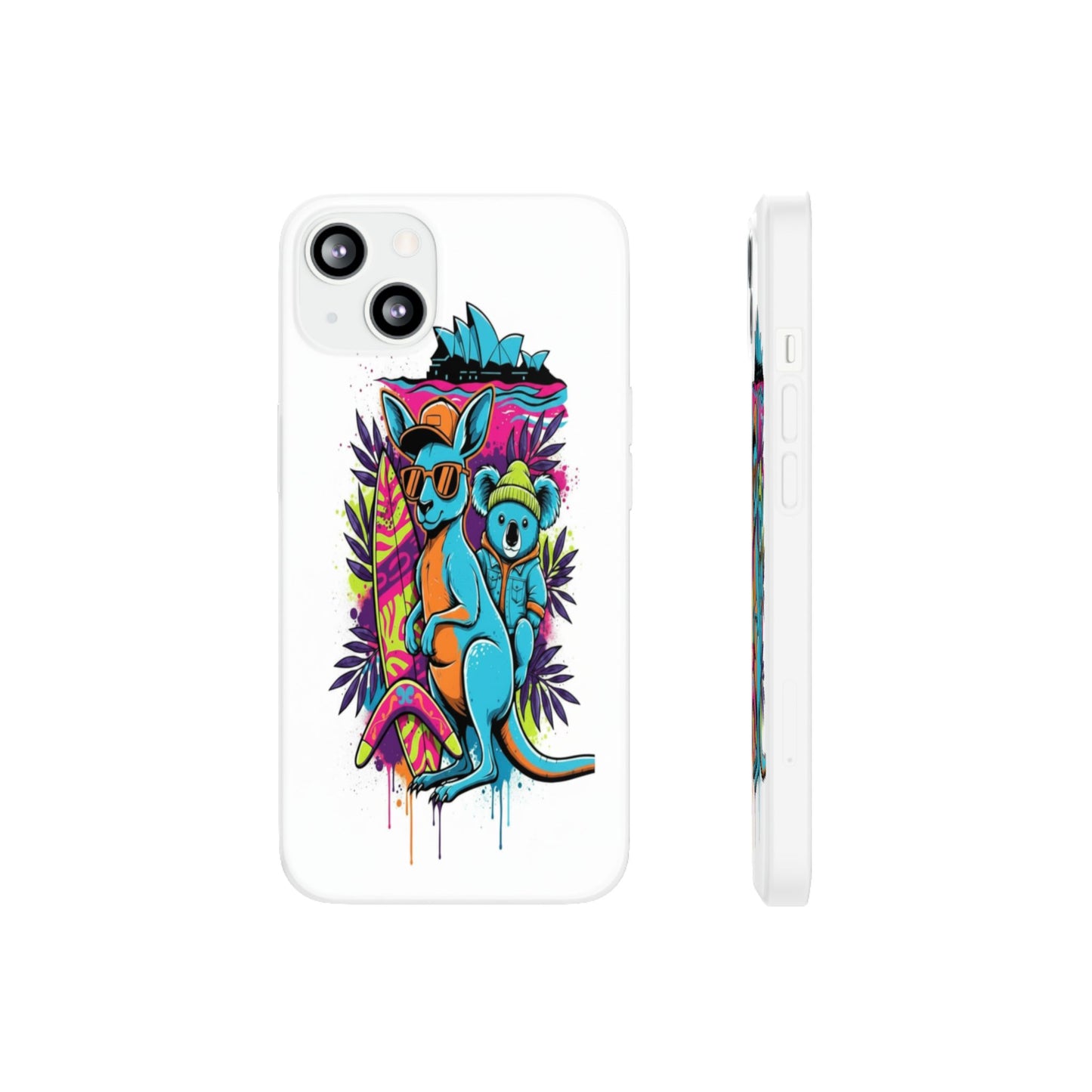 Kangaroo & Koala Surf Phone Case — Neon Aussie Beach Vibes Flexible Case