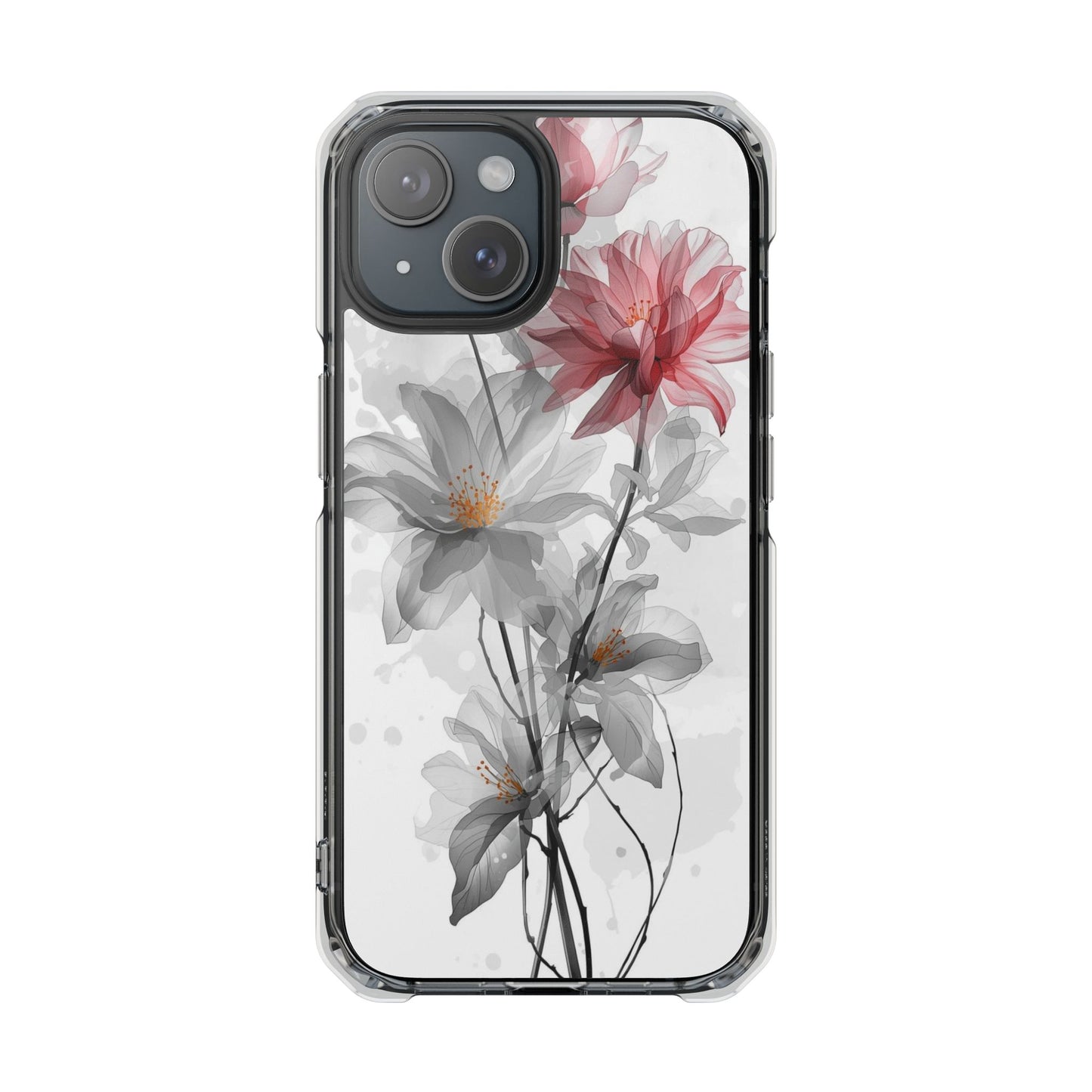 Clear Magnetic Phone Case — Watercolor Pink & Gray Floral Impact Protection