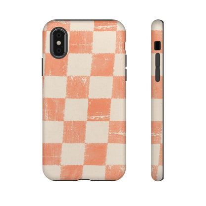 Peach Checkerboard Tough Phone Case — Retro Distressed Grid Design