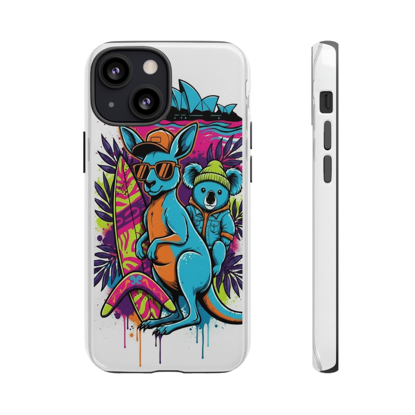 Kangaroo & Koala Surf Phone Case — Retro Neon Beach Art Tough Case
