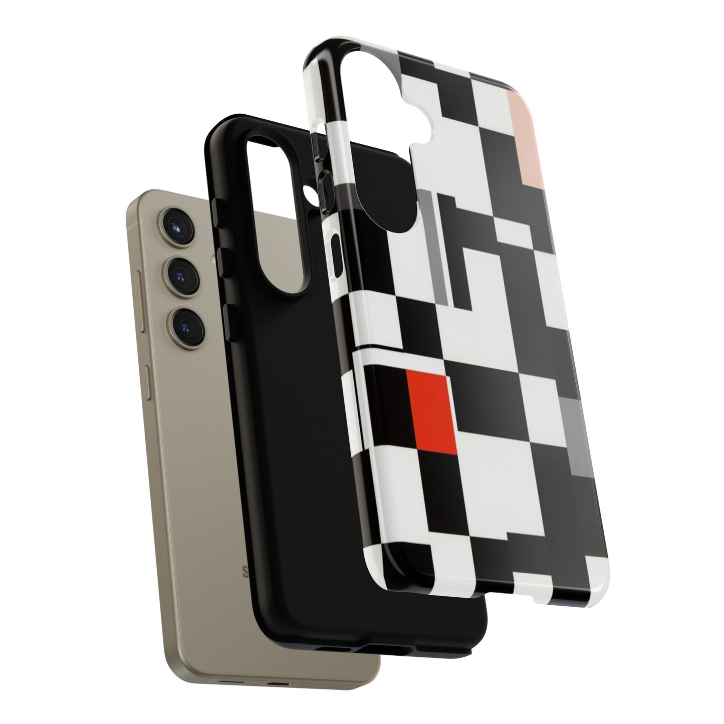 Abstract Geometric Phone Case – Black & White Checker Grid with Red Accent