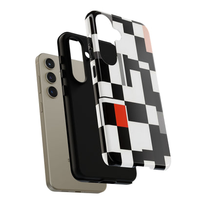 Abstract Geometric Phone Case – Black & White Checker Grid with Red Accent